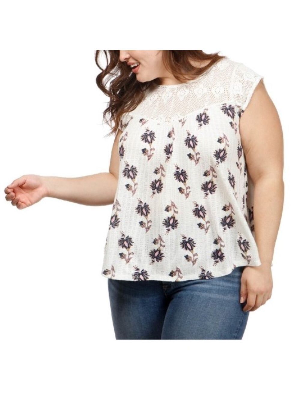 Lucky Brand Printed Crochet Top ( Plus Size)
